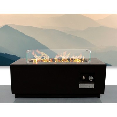 Outdoor Propane Fire Pit Table w/ Lid, 42''W Black Steel Modern for Garden
