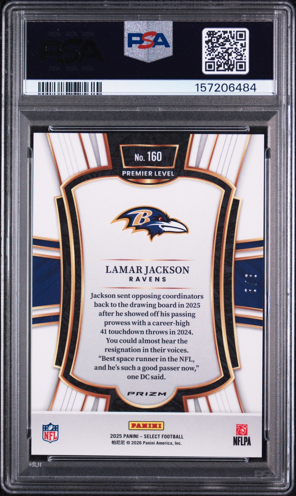 2025 PANINI SELECT PINK PRIZM #160 LAMAR JACKSON 8/8 PSA 9 view 2