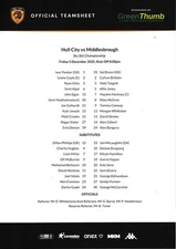 Teamsheet - Hull City v Middlesbrough 2025/6 (5 Dec) Official Club Issue