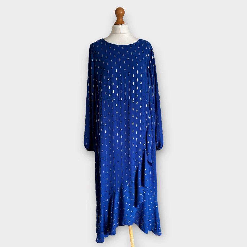 Evans Maxi Dress Plus Sz 20 Blue Foil Frill Ruffle Asymmetric Occasion Xmas NEW - Image 3 of 4