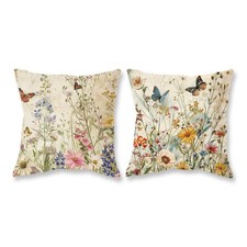 Spring Floral Pillow Covers 18x18 Inch Set of 2 Wild Flowers Plant Butterfly ...