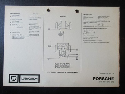 Porsche 911 911s & 912 - BP Schmierdaten Wartung - PKW Nr.279