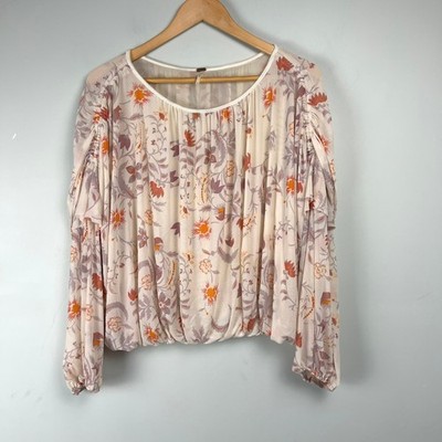 Free People Wildflower Honey Floral Mesh Top Ruffle Sleeve S Boho Chic Peasant
