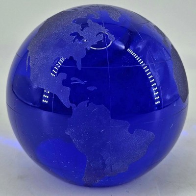 Cobalt Art Glass Etched Topography World Globe Paperweight polished bottom 4''