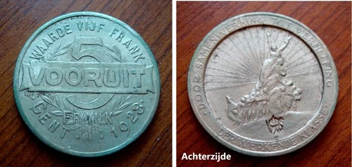 5 frank waardepenning samenwerkende Maatschappij Vooruit Gent 1928 over 1921