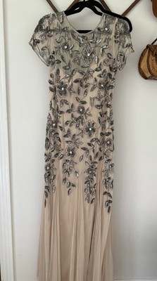 Adrianna Papell  silver & cream beaded gown size 10 formal glamour evening wear