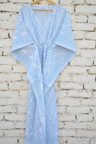 White & Blue Hand Block Long Kaftan 100%Cotton Dress TARRIF FREE✅0%CHARGE KF-129