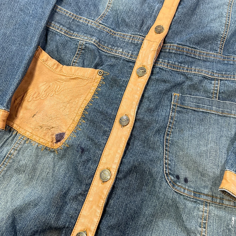 Vintage Fubu Jacket Womens Medium Denim Overcoat Leather Patchwork Boho Hippie - Image 4 of 4
