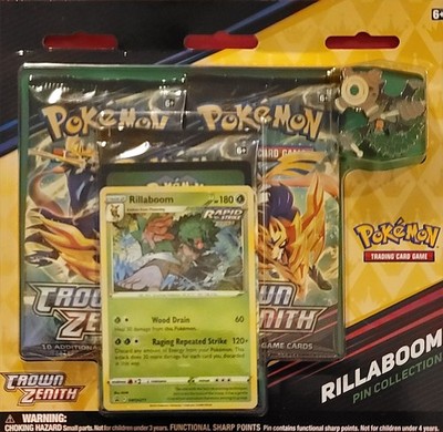 Pokemon Rillaboom Pin And 3  Crown Zenith Booster Packs