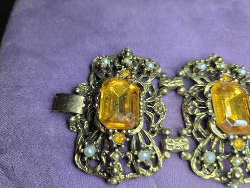 Vintage Large Panel Yellow Rhinestone 7 Inch Bracelet 1970s - Picture 6 of 10
