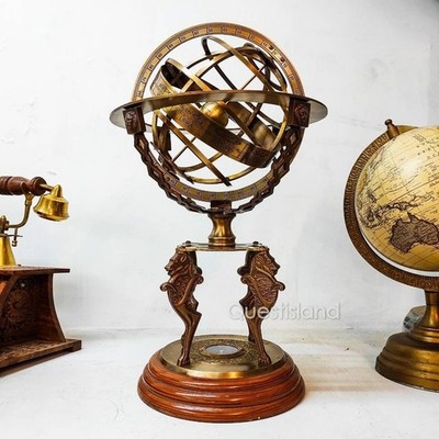 Handmade Brass Armillary Globe 18'' Celestial Sphere with Compass Home Decor
