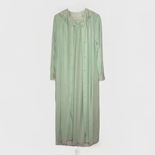 Vtg Womens Shadowline Long Nightgown Robe Set Small Light Green Lace Embroidered