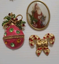 3 Brooches Dodd Christmas Ornament Candy Cane Old Saint Nick Holiday Brooch 2.5"