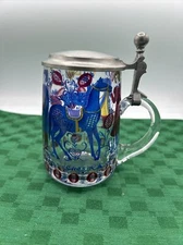 Vtg Clear Blown Glass Stein Blue Red Transfer Couple Horse Deer Pewter Lid