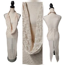 Womens Cowl Neck Lace Midi Dress Sz XS Sheer Backless Boho Vacation Luxury Glam