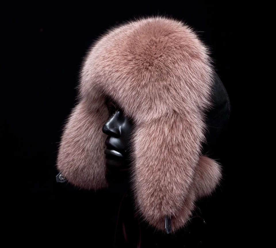 Saga Furs  Mocha Brown Fox Fur Black Leather Handmade Aviator Trapper Unisex Hat - Image 3 of 4