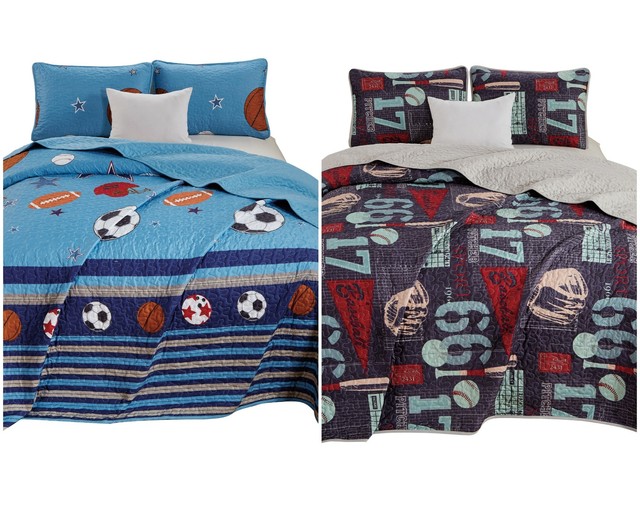 3 Piece Mvp Kids Sports Themed Quilt Full Queen Set Khaki Demin
