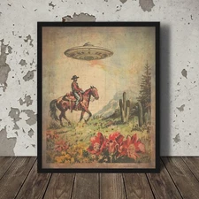 Vintage UFO COWBOY Wall Art, Vintage Western Alien Poster, Sci-fi Cactus Flower