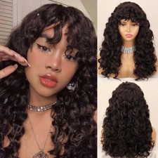 23 Inch Brown Curly Wig with Bangs Long Fringe Synthetic Wig for Women Daily Use