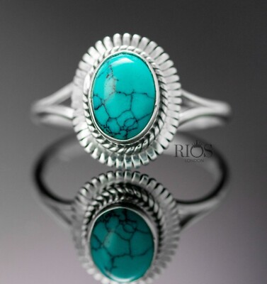 925 Sterling Silber Türkis Cabochon Oval Edelstein Damen Boho Ring Geschenk Box