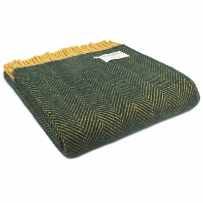 TWEEDMILL 100% Wolle Schlafsofa Decke HERRINGBONE SMARAGD GRÜN SENF KNIETEPPICH