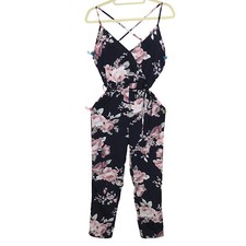 Navy Floral Rose Lightweight Sleeveless Belted Jumpsuit With Pockets Size Small