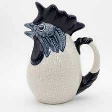 The Potting Shed Dedham Style Pottery Rooster Chicken Blue White Crazed Pitcher