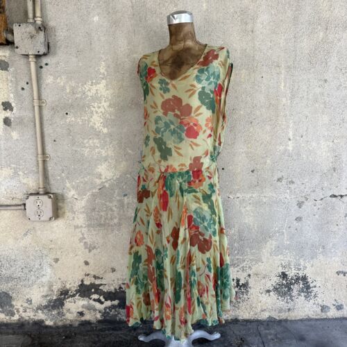 Vintage 1920s 30s Green Rainbow Floral Print Silk Chiffon Dress Deco Maxi Gown