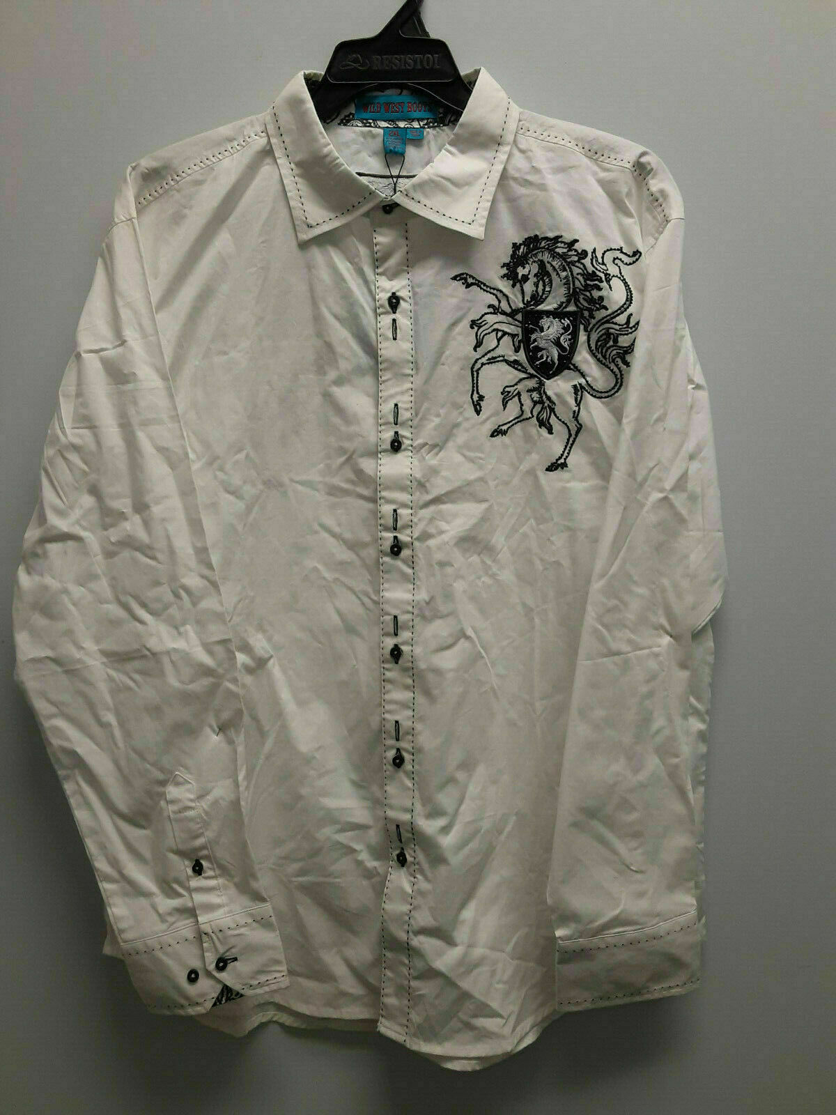 Wild West Western Wear White Cowboy Shirt, Embroidered Horse Logo, 2XL