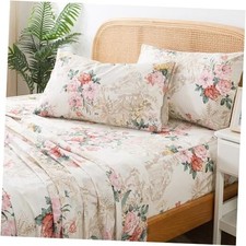 - Sheets, Soft 100 Cotton Pink  Cream Floral Bed Queen Petal Dream