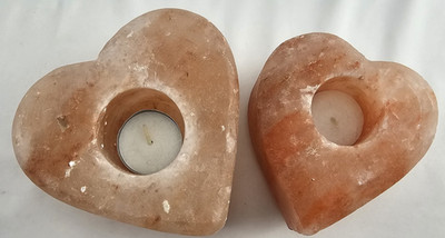 Set of 2 Heart-Shaped Himalayan Salt Tea Light Candle Holders Pink Orange