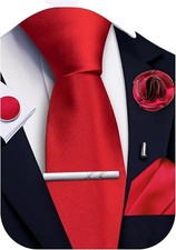Red Ties for Men Silk Satin Necktie and Pocket Square Cufflinks Tie Clip Lape...