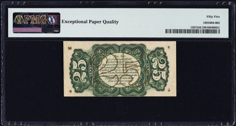 FR 1297 - 25c THIRD ISSUE - FIBER PAPER - "M-2-6-5" - GREEN BACK - PMG 55 EPQ AU - Image 2 of 4