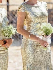 Gold Sequin Drape Neck Long Classy Formal Dress Size 6 - Prom Wedding Cruise