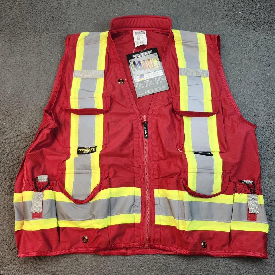 High Visibility Safety Vest Mens XL Red Reflective Surveyor Zip Pockets Work - Image 2 of 4