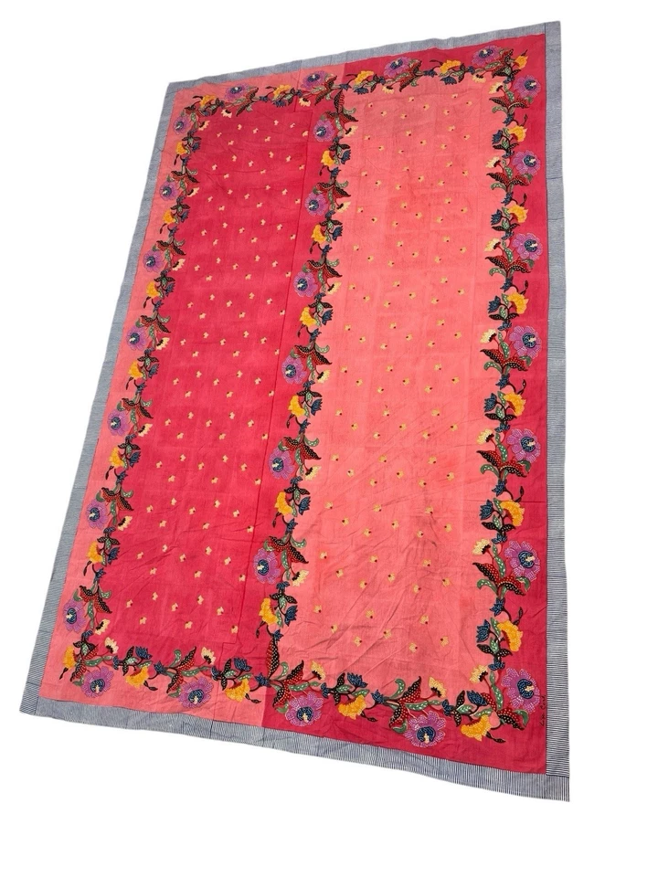 Lisa Corti Indonesia Floral Cotton Tablecloth red rose Signed 104”x66.5” VTG 70s - Image 2 of 4