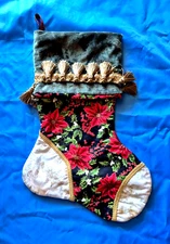 hand made large 21" Christmas stocking Poinsettias velour and tassels