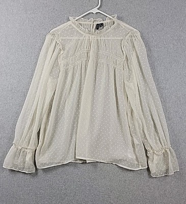 Vero Moda Ivory Swiss Dot LS Fairy Ruffled Smocked Sheer Blouse Women's Large 