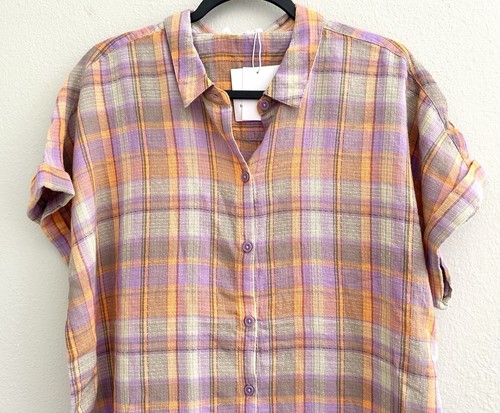 Beachlunchlounge Peasant Top Blouse Shirt Boho Collared Plaid Check Purple XL - Picture 2 of 4