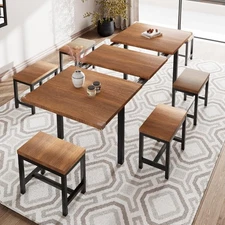 7-Piece Dining Table Set 6 Stools Extendable Kitchen Table Sturdy Metal Frame