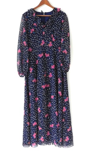 Vtg Chiffon Maxi Dress Fit-Flared Long Sleeve Ruffle Neck Floral Back Zip Size M - Picture 7 of 10
