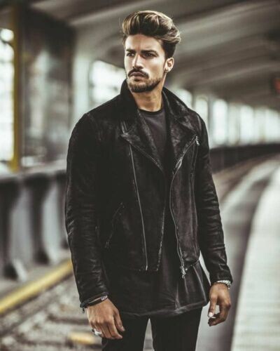 New Men's Pure RealLambskin Suede Leather Black Slim fit Biker Motorcycle