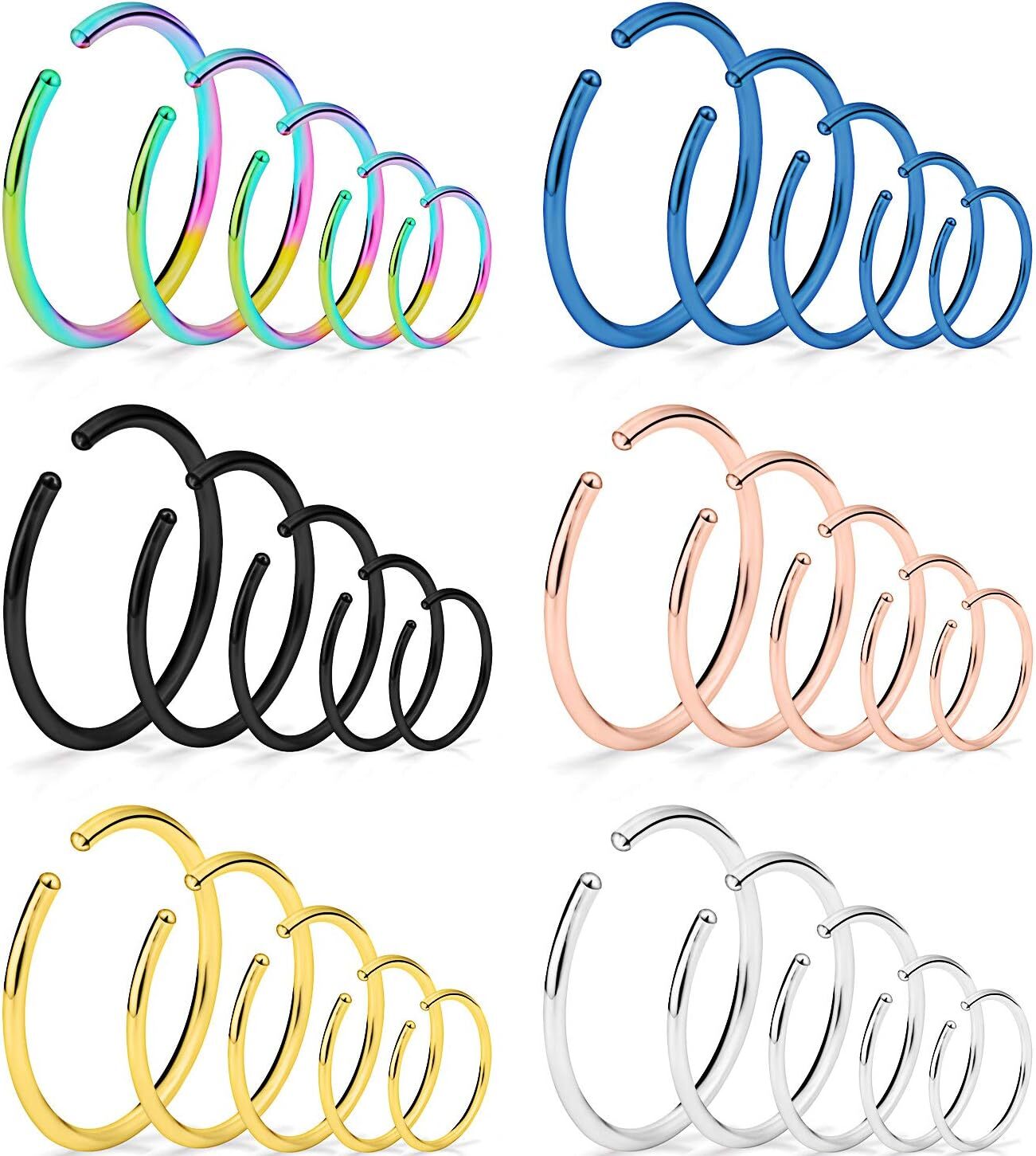 30Pcs 22G Nose Rings Hoop 316L Stainless Steel Fake Nose Ring Tragus Cartilage H