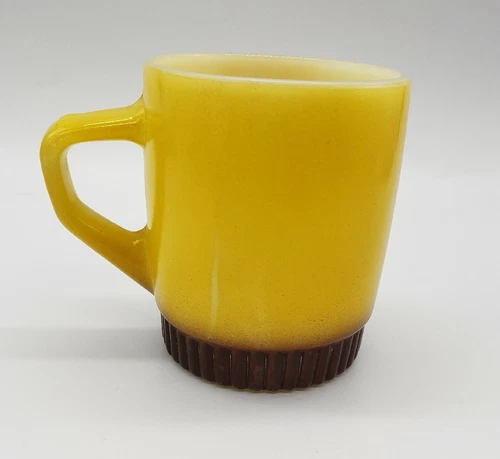 Vintage Anchor Hocking Fire King Mug Cup Milk Glass Yellow & Brown 
