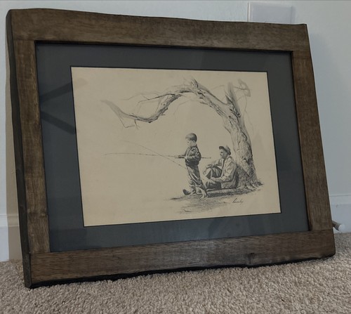 John Chumley Dibujo a Lápiz Firmado Niño Pescando con Padre Mirando