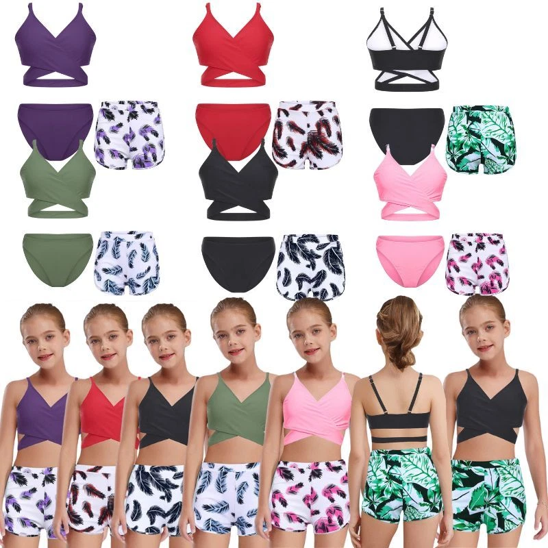 Niños Niñas Trajes Traje de Protección Solar Conjunto de Protección contra Erupciones Pantalones Cortos Estampado de Plumas Foto 3 de 4