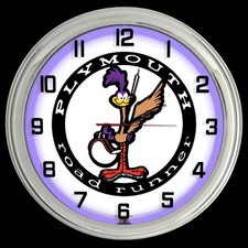 Plymouth Road Runner Sign 16" Purple Neon Clock Mopar Roadrunner