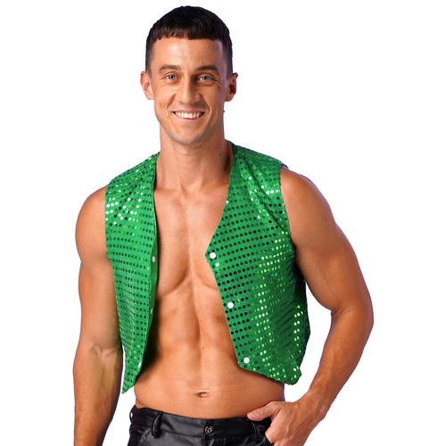 Men's Shiny Sparkly Sequins Vest Slim Fitted Tank Tops Sleeveless Clubwear Shirt - Picture 91 of 97