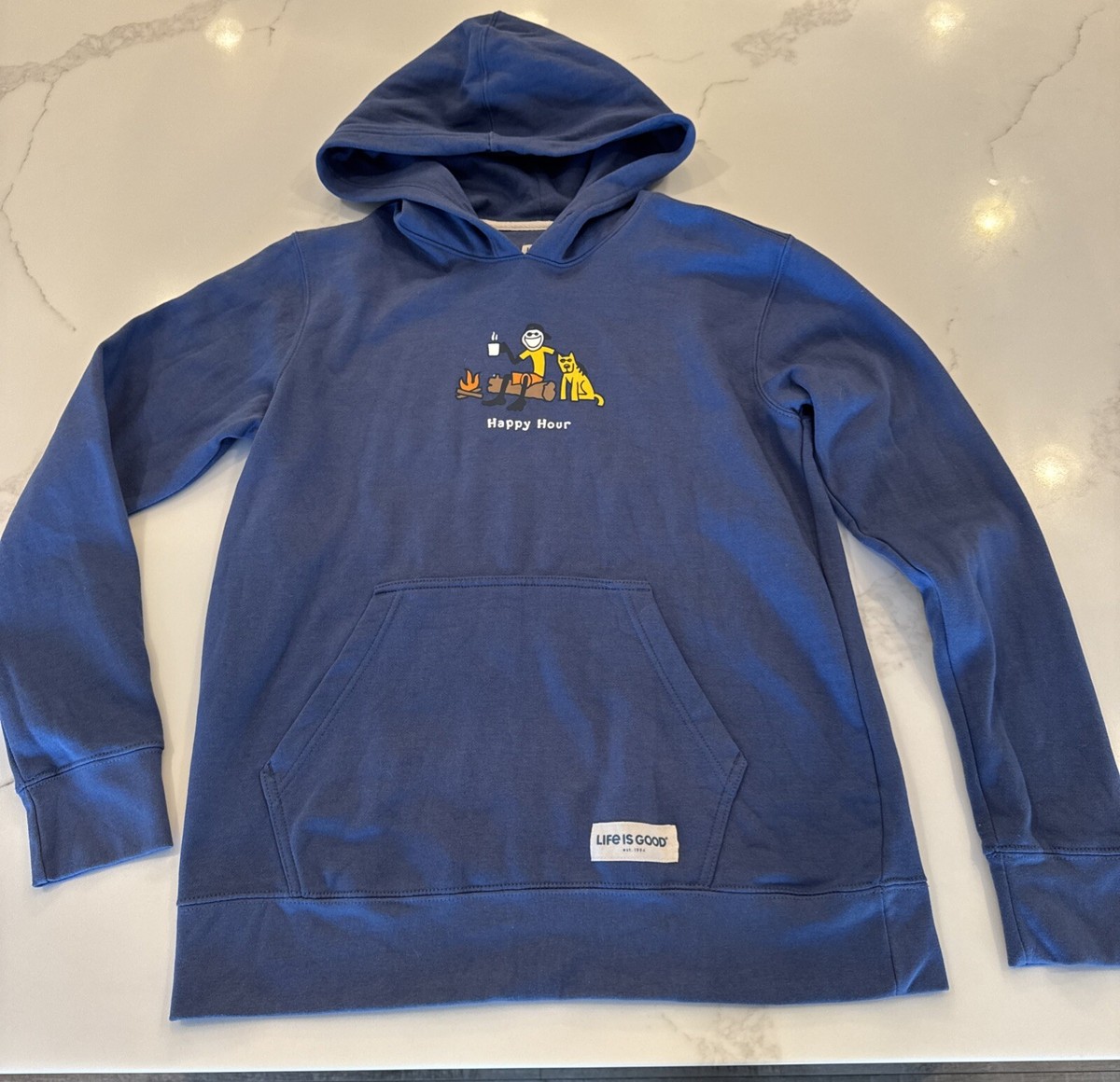 LIFE IS GOOD Men’s “Happy Hour” Jake N’ Dog Hoodie Sweatshirt Blue Sz M  EUC