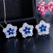 Fashion Silver Plated Cubic Zirconia CZ Blue Flower Pendant Necklace Earring Set